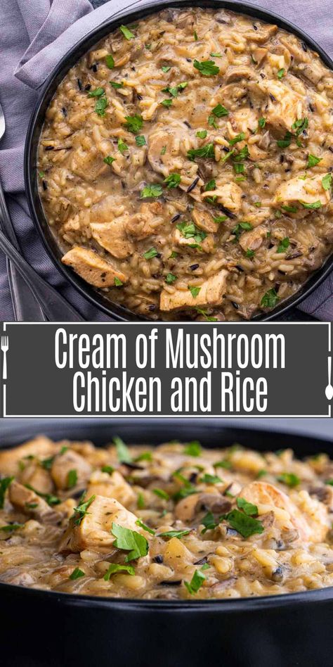 Instant Pot cream of mushroom chicken and wild rice is a perfect weeknight dinner. This cozy casserole comes together quickly in one pot for easy prep and clean up. This chicken and rice is the ultimate comfort food with a creamy mushroom sauce. Get this easy chicken dinner on the table in 30 minutes or less! Chicken And Mushroom Recipes Instant Pot, Chicken Rice And Mushroom Recipes, Cream Of Mushroom Soup Rice, Cream Of Mushroom Chicken And Rice, Chicken Mushroom Rice, 2024 Diet, Crockpot Rice Recipes, Wild Rice Blend, Mushroom Rice Recipes