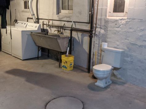 '' Basement Toilet, Toilet Plumbing, Small Basement Bathroom, Old Basement, Houses In America, Basement Laundry Room, Basement Laundry, Diy Basement, Diy Toilet