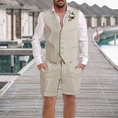 Category:Linen Suits; Season:Spring,Summer; Fabric:Linen; Includes:Shorts,Vest; Occasion:Wedding; Fit Type:Tailored Fit; Vest Buttons:5; Pattern:Solid Colored; Neckline:V Neck; Listing Date:06/14/2023; Production mode:External procurement; Pant Length:; Pants Waist:; Shoulder Width:; Sleeve Length:; Bust:; Hips:; Clothing Length:; Number of Pieces:2 Piece; Design:Classic Beach Groom Outfit, Beach Wedding Groom Attire Shorts, Short Suits Men, Groom Outfit Beach Wedding, Linen Suits For Men Beach Weddings, Groom Beach Wedding Attire, Linen Suits Wedding, Beach Wedding Suit, Linen Wedding Suit