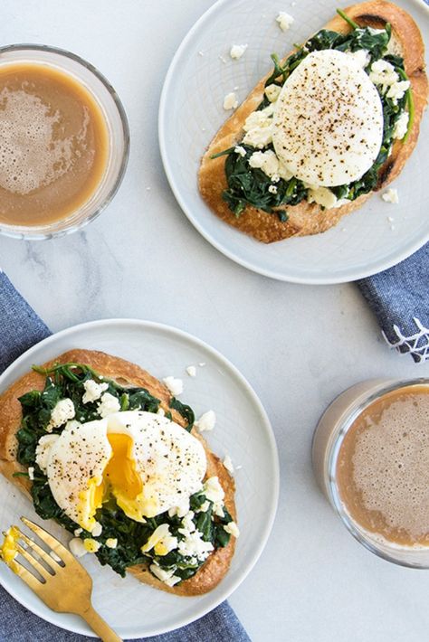 Spinach Toast, Poached Eggs And Spinach, Poached Eggs Aesthetic, Feta Egg Toast, Spinach Egg Toast, Egg Spinach And Feta Breakfast Wrap, Spinach Feta Egg, Eggs Spinach Feta Breakfast, Poached Egg On Toast