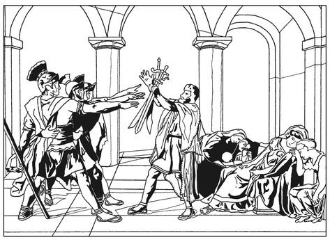 Coloring page created from the painting 'Oath of the Horatii' (Neoclassical style) by Jacques-Louis David, finished in 1785. Oath Of The Horatii, David Drawing, Neoclassical Painting, Coloring Adult, Neoclassical Art, Jacques Louis David, Coloring Page For Adults, Tree Study, Adults Coloring