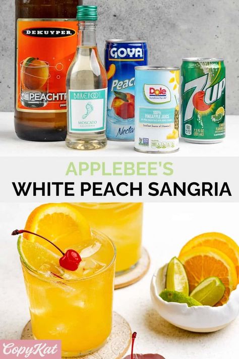 Recreate the refreshing taste of Applebee's White Peach Sangria in your own kitchen! This luscious cocktail is a concoction of peach nectar, peach schnapps, crisp white wine, and a hint of tropical flair. This drink is sunshine in a glass, perfect for warm afternoons or balmy evenings with friends. Get the easy copycat recipe and find out how to make Applebees white peach sangria at home. White Wine Sangria Peach, White Wine Drink, Applebees Recipes, Peach Sangria Recipes, Fruity Cocktail Recipes, White Peach Sangria, Sangria Ingredients, White Sangria, Peach Sangria