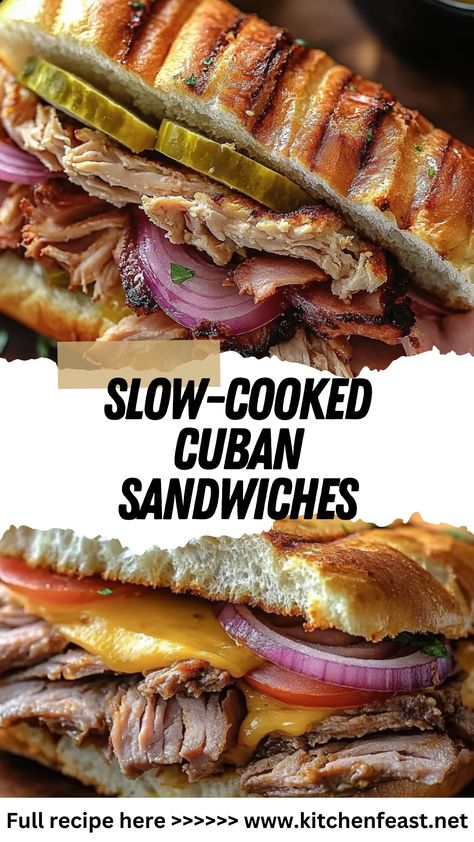 Enjoy these mouthwatering Slow-Cooked Cuban Sandwiches with tender pork, Swiss cheese, ham, and tangy pickles. Perfect for a simple yet flavorful meal! Best Cuban Sandwich Recipe, Leftover Pork Loin Sandwich Recipes, Pork For Cuban Sandwich, Slow Cooker Cuban Sandwiches, Chicago Beef Sandwich Recipe Slow Cooker, Pulled Ham Sandwiches, Shredded Pork Sandwich Recipes, Cubano Sandwiches Recipe, Chicago Beef Sandwich Recipe