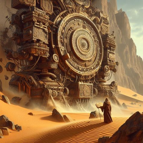 This is a story where #steampunk meets with desert and sci fi fantasy… In a realm where time and space intertwine, the vast desert of Chronosia stretches out endlessly. At the heart of this arid expanse stands the Timekeeper, an immense and intricate contraption that guards the secrets of the universe. Legends say it was built by an ancient civilization that mastered the flow of time but vanished eons ago. #AIart #AIArtworks #AIArtwork #aiartist #AIArtCommuity #aiart #dalle3 Steampunk Desert City, Desert Steampunk, Steampunk Desert, Fantasy Desert, Desert Landscape Art, 3d Robot, Art Scenery, Dnd Inspiration, Steampunk Aesthetic