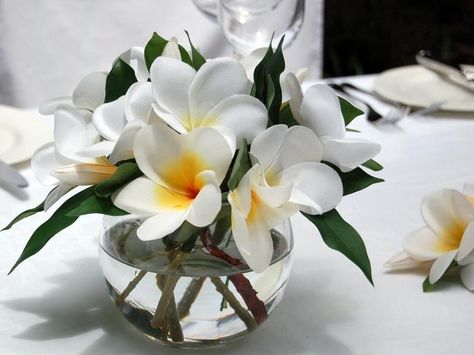 Frangipani Table Decorations, Frangipani Flower Arrangement, Caribbean Table Decorations, Plumeria Wedding Decorations, Frangipani Wedding Decorations, Tropical Wedding Ideas Inspiration, Small Tropical Wedding, Hawaiian Wedding Theme, Unique Wedding Table Centerpieces