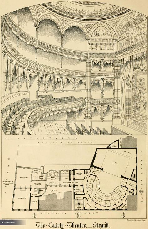 1868 – Gaiety Theatre, The Strand, London  Architect: C.J. Phipps     0005 Theatre Plan Architecture, Theater Design Architecture, Architecture Theatre, Theater Drawing, Theatre Exterior, Theatre Sketch, Theatre Plan, Theatre Drawing, Theater Plan