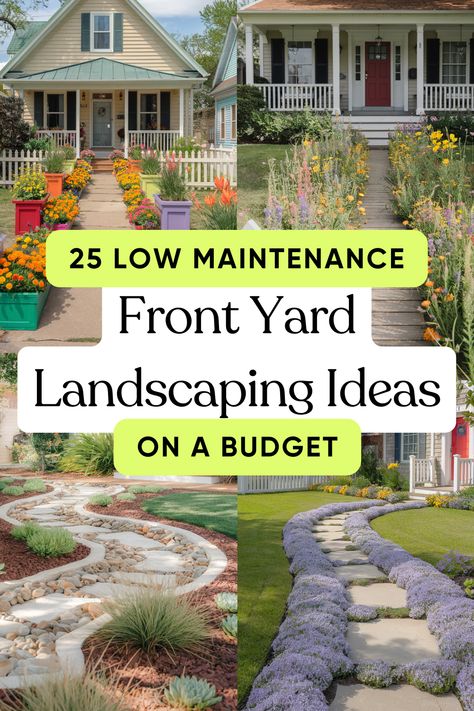 25 Low Maintenance Front Yard Landscaping Ideas on a Budget Designing Front Yard Landscape, Grass Less Front Yard, Front Window Landscaping Ideas, Front Yard Wildflower Landscaping, Southern Backyard Landscaping, Flower Gardens In Front Of House, Low Maintenance Front Garden Ideas Uk, Land Scaping Design, Small Front Yard Garden Ideas