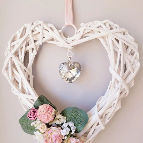 Decorated Wicker Love Heart @WardyArt Wicker Heart For Door, Natural Heart Wreath White, Wicker Heart Wreath Christmas, Dried Flower Heart Wreath, White Wicker Heart Wreath, Shabby Chic Wreath, Wicker Hearts, Wood Hearts, Valentines Diy