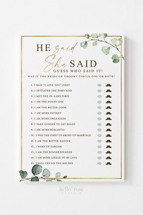 Bride This Or That Game, He Said She Said Bachelorette Party Game, Who Said It Bridal Shower Game, Bridal Shower This Or That, Bridal Shower Games Templates, Bridal Shower Game Printables, Green Gold And White Bridal Shower Ideas, Bridal Shower He Said She Said, Bridal Shower Games He Said She Said