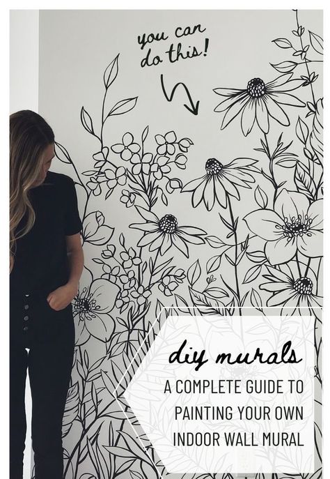 Salon Mural Ideas, Easy Wall Painting Ideas, Diy Murals, Wall Mural Flowers, Wall Murals Diy, Floral Wall Mural, Diy Mural, Flower Mural, Bedroom Murals