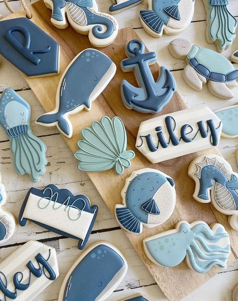 Ocean Cookies, Ocean Birthday Cakes, Whale Cookies, Baby Boy Cookies, Cookie Recipes Decorating, Ocean Baby Showers, Beach Cookies, Ocean Birthday Party, Baby Shower Deco