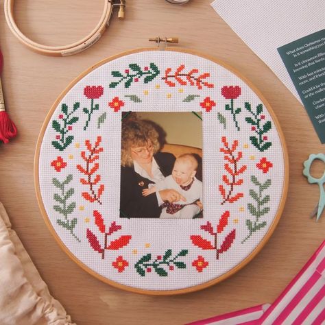 Which photo would you add to this frame? Do you have one in mind? 📸 Pre Order is OPEN. Tell your friends 🫶🏻 A Festive Frame is a special cross stitch kit designed to cherish your favourite photo - like this one of me and my mum from the 90s 🥰 Need more info before you commit? 👇🏻 ✨️ What's extra special about this kit? ✨️ • Threads are Pre Sorted on a custom-made thread card • The pattern is full colour and printed on A3 (so it's extra large for easy reading) • It includes an A7 poem pr... Grandma Cross Stitch Pattern, Cross Stitch Photo Frame, Cross Stitch Frame Pattern, Stitch Gift, Framed Cross Stitch, Easy Reading, Photo Holders, Embroidery Tutorials, Stitch Kit