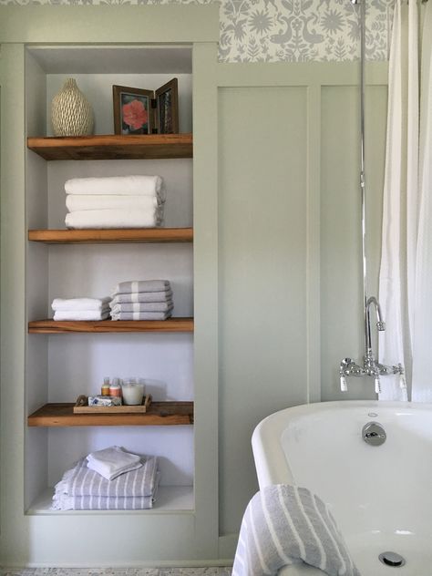 Recessed bathroom shelving with reclaimed wood.  Stone House Revival - Season One. Recessed Bathroom Shelves, Recessed Shelves Bathroom, Recessed Shower Shelf, Design Interior Baie, Recessed Storage, Bathroom Rustic, Recessed Shelves, Shelves Over Toilet, Bathroom Shelves Over Toilet