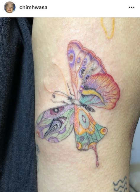 Full Color Butterfly Tattoo, Unique Colorful Tattoos, Colored Butterfly Tattoo, Butterfly Tattoo Color, Pencil Tattoo, Colorful Butterfly Tattoo, Cute Henna Tattoos, Insect Tattoo, Followers On Instagram