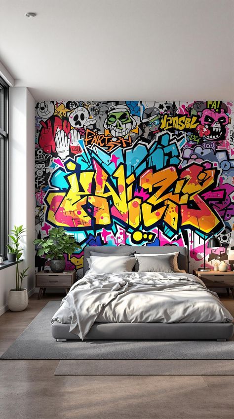 Street Style Bedroom Graffiti Wallpaper For Room, Urban Pop Art, Graffiti Style Bedroom, Grafitti Bedroom Aesthetic, Graffiti Room Ideas Bedrooms Street Art, Graffiti Wall In Bedroom, Boys Graffiti Bedroom Ideas, Black Graffiti Art, Graffiti Wall Bedroom