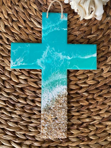 Resin Cross Coastal Cross Ocean Resin Christian Gift - Etsy Canada Resin Cross, Amazing Resin, Ocean Resin, Resin Design, Shell Beach, Sea Glass Art, Wave Pattern, Class Ideas, Christian Gifts