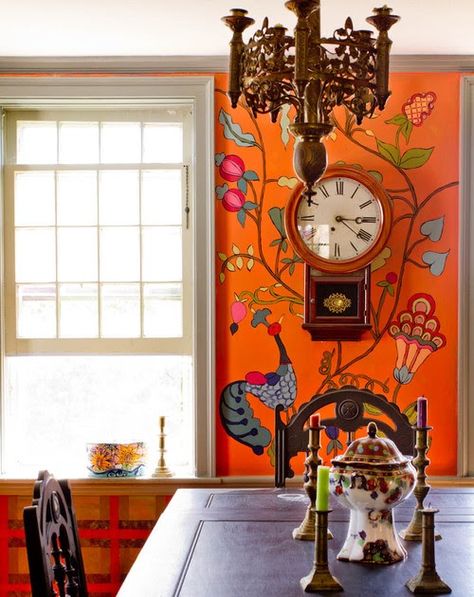 Eclectic Dining Room design by New York Photographer Rikki Snyder This is our dining room. It is one of two identically sized and... Maximalist Inspiration, Wallpaper Frame, Estilo Kitsch, Bohemian Dining Room, Wall Murals Diy, Eclectic Dining Room, Interesting Decor, Colorful Cottage, Eclectic Dining