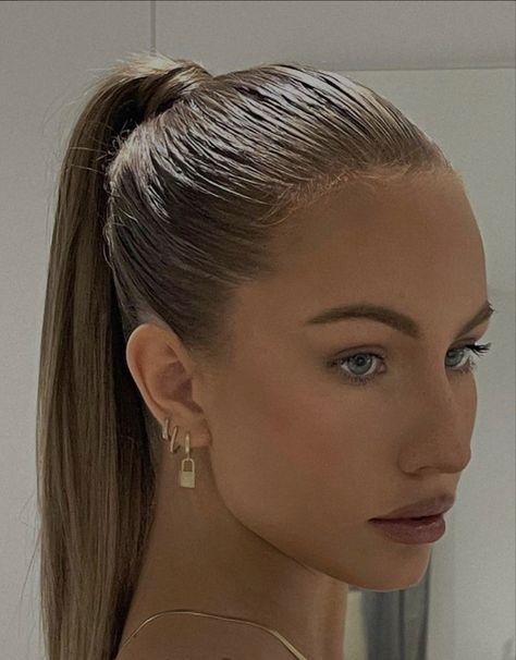 Slick Back Ponytail Blonde Hair, Slick Back Low Ponytail Natural Hair, Blonde Slick Back Ponytail, Slick Hairstyles Ponytail, Ponytail Hairstyles Aesthetic, Wet Ponytail, Hairstyles Slick Back Ponytail, Gel Ponytail, Slick Ponytail Hairstyles