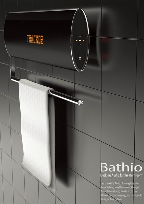 Bathio Docking Station for Bathrooms that plays music while you are bathing and dries the towels when you are done. #bath #dock #dryer #YankoDesign Smart Bathroom, Smart Home Design, Smart Home Technology, Bathroom Design Luxury, Luxury Homes Interior, Home Technology, Yanko Design, Beautiful Bathrooms, Home Automation