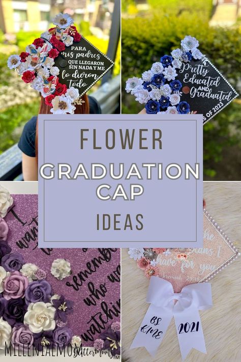 Flower inspired graduation cap ideas will make sure you stand out at your graduation. Flowers are great for any occasion and can be combined with pretty much any theme for your custom grad cap. grad cap ideas, grad cap inspo, floral gradutation caps, gratuation cap ideas, grad cap inspo, graduation (ad) Cap Inspo Graduation, Flower Grad Cap, Design Graduation Cap, Grad Caps Ideas, Decorated Graduation Caps, Flower Graduation Cap, Caps Ideas, Graduation Flowers, Grad Cap Ideas