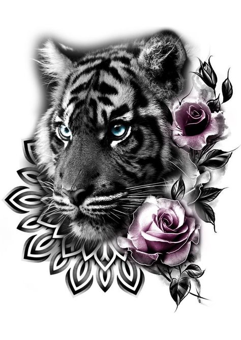 Tiger Mandala Tattoo Design Tiger Mandala Tattoo Design, Tiger And Cubs Tattoo, Black And White Tiger Tattoo, Tiger Mandala Tattoo, Tiger Reference, Tiger Tattoo Thigh, White Tiger Tattoo, Dainty Tattoo, Japanese Tiger Tattoo