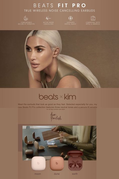 Beats Fit Pro x Kim Kardashian - True Wireless Noise Cancelling Earbuds - Apple H1 Headphone Chip, Compatible with Apple & Android, Class 1 Bluetooth® – Moon Beats Fit Pro In Ear, Beats X Kim, Beats Earbuds, Beats Fit Pro, Noise Cancelling Earbuds, Beats Headphones, Noise Cancelling, Kim Kardashian, Moon