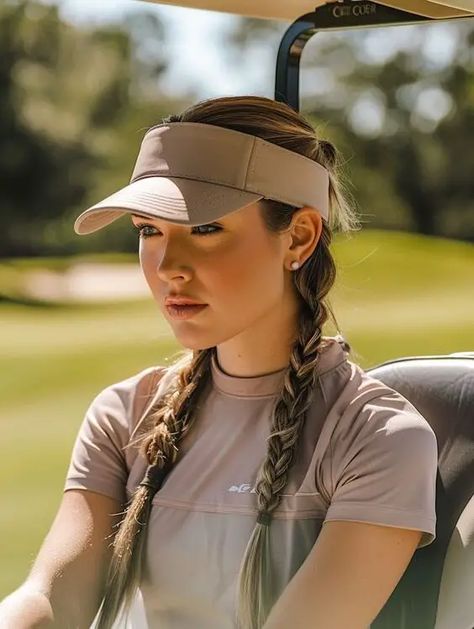 18 Ideas Explore Top Women's Golf Hairstyles: From Visors to Hats, Find Your Style Tennis Hat Hairstyles, Cute Visor Hairstyles For Work, Visor Outfit Summer, Work Visor Hairstyles, Hairstyles In Hats, Golf Hairstyle Women Visor, Visor Hat Hairstyles Work, Hair Styles With Visor Hats, Golf Hat Hairstyles