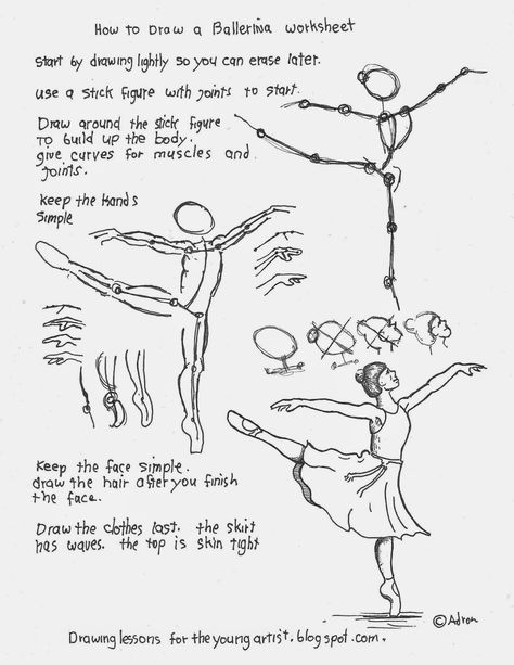 How to draw a Ballerina printable worksheet. See more at the blog: http://drawinglessonsfortheyoungartist.blogspot.com/ Ballerina Poses Drawing, Draw A Ballerina, How To Draw Better, Ballerina Printable, Ballerina Drawing, Pencil Drawing Tutorials, Drawing Lesson, 얼굴 그리기, Art Worksheets