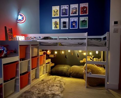 Boys Activity Table, Small Superhero Bedroom, Marvel Bedroom Paint Wall Colors, Lego Superhero Room, Boys Bedroom Aged 4, Superhero Themed Bedroom, Marvel Bed Room, Modern Marvel Bedroom, Loft Bedroom Boys