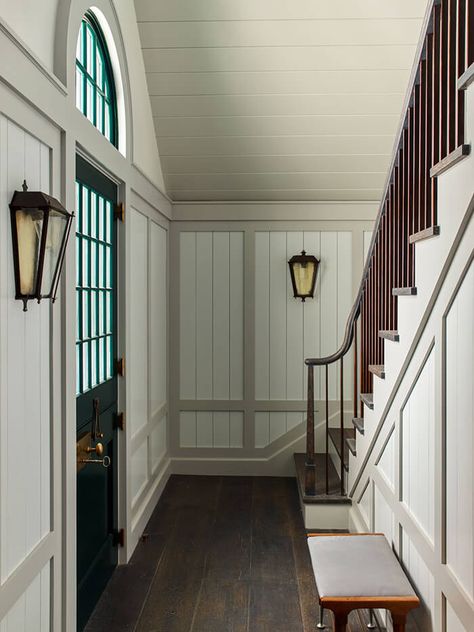 Country Entryway, Steven Gambrel, Millwork Wall, Staircase Interior Design, Paneled Walls, Traditional Front Doors, New Architecture, Wooden Staircases, Entry Hallway