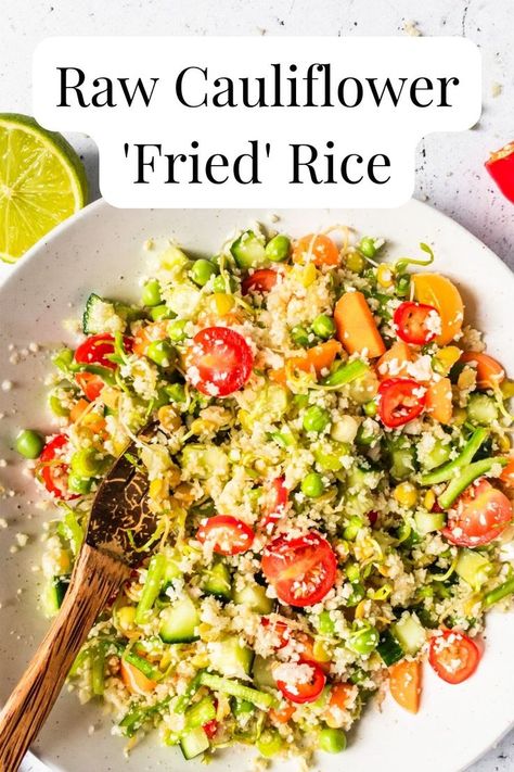 A bowl of fried rice made with fresh chopped vegetables, lime and chilli. Raw Vegan Stir Fry, Raw Vegan Cauliflower Recipes, Raw Cauliflower Recipes, Raw Vegetable Recipes, Raw Vegetables Recipes, Lentil Sprouts, Raw Vegan Dinners, Vegan Cauliflower Recipes, Cauliflower Rice Easy