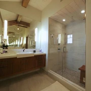 Shower Bulkhead - Photos & Ideas | Houzz Bathroom With Bulkhead, Bathroom Bulkhead Ideas, Recessed Panel Cabinets, Black Floor Tiles, Bathroom Ensuite, Dark Wood Cabinets, Flat Panel Cabinets, Wall Niche, Large Shower