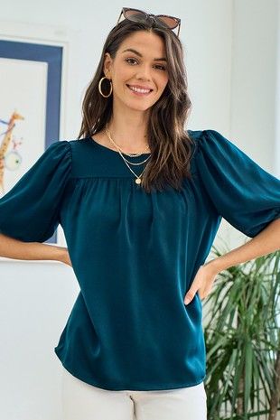 Emerald Teal Blouse | JQ Clothing Co. Teal Blouse Outfit, Teal Shirt, Teal Blouse, Teal Top, Feminine Top, Bubble Sleeve, Business Wear, Comfortable Tops, Teal Color