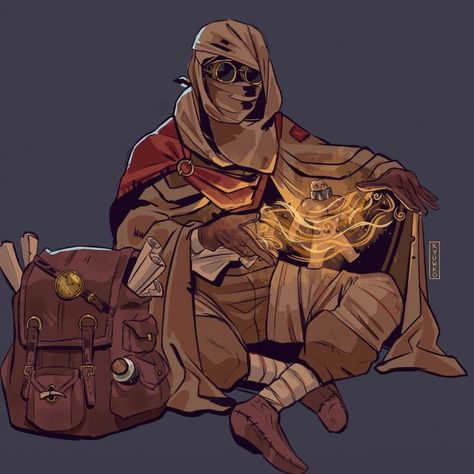 Merchant Design Character, Desert Merchant Fantasy Art, Desert Dnd Art, Desert People Concept Art, Character Design Desert, Desert Traveler Character Design, Dnd Merchant Art, Tinkerer Character Design, Desert People Fantasy Art