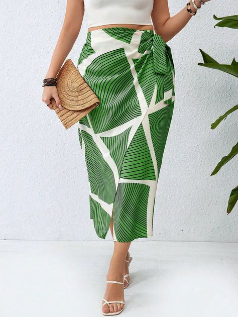 SHEIN LUNE Plus Size Vacation Casual Wraparound Skirt With Striped Print And TiesI discovered amazing products on SHEIN.com, come check them out! Plus Size Vacation, Wraparound Skirt, Amazing Products, Wrap Around, Start Up, Plus Size, Skirt