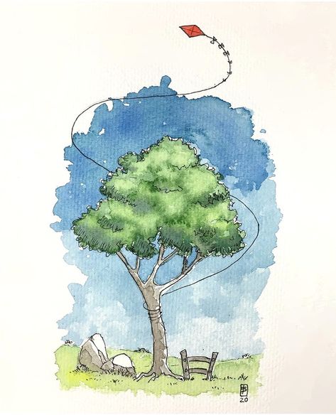 Tree Sketch Watercolor, Watercolor Art Lessons Elementary, Water Colour Ideas Easy, Easy Water Painting Ideas, Watercolor Practice Exercises, Spring Season Drawing, Watercolor Art Ideas, Beginners Watercolor, Paintings For Beginners