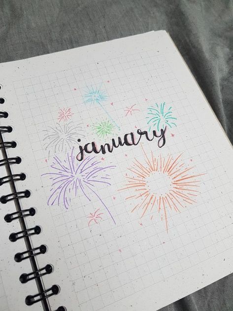 Bullet journal january cover page July Bullet Journal Cover Fireworks, January Spread Ideas, Birthday Month Journal Cover, Firework Bullet Journal, January Journal Page, Journal January Ideas, Bullet Journal January Theme, 2022 Title Page, January Journal Cover