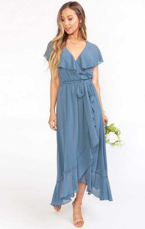 Blue Midi Bridesmaid Dress, How Many Bridesmaids, Mock Wrap Dress, Midi Bridesmaid Dress, Maternity Bridesmaid Dresses, Beach Wedding Guest Dress, Dusty Blue Bridesmaid Dresses, Ruffle Midi Dress, Chiffon Midi Dress