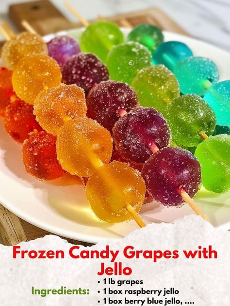 Grape Jello Recipes, Grapes With Jello, Frozen Candy Grapes, Lake Recipes, Raspberry Jello, Frozen Snacks, Candy Grapes, Jello Flavors, Blueberry Pound Cake