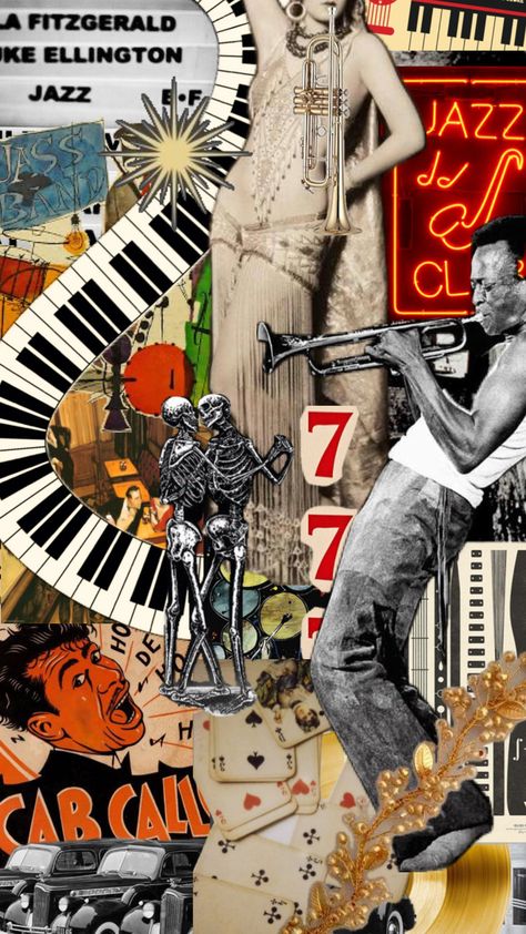 #vintage #jazz #music #jazzmusic #jazzclub #vibes #art New Orleans Jazz Aesthetic, Jazz Music Art, Jazz Aesthetic, Assemblage Art Mixed Media, Art Deco Room, Jazz Poster, Music Collage, Vibes Art, Collage Phone Case