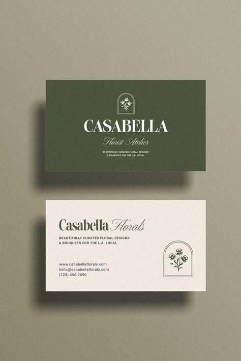 Beige and dark green business card with logo for a professional, modern, and stylish.#businessfont #typography #branding #design Green Business Card Design, Beige Business Card, Vintage Business Card Design, Florist Business Card, Retro Business Card, Classy Business Cards, Examples Of Business Cards, Buisness Cards, Business Fonts