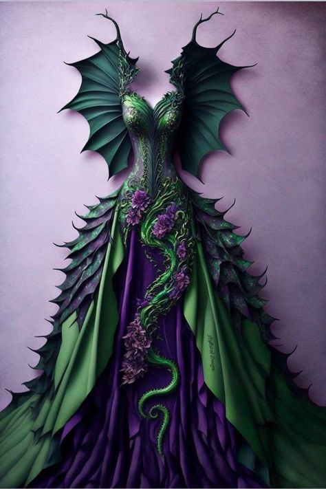 Amazing Ball Gowns, Diy Fantasy Accessories, Dragon Dress Outfit, Dragon Outfit Aesthetic, Dragon Inspired Dress, Dragon Inspired Outfits, Dragon Dress Fantasy Gowns, Magical Dresses Fairytale, Fantasy Gowns Warriors