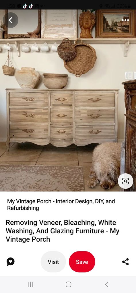 Bleached Mahogany Furniture, Porch Interior Design, Removing Veneer, Glazing Furniture, Vintage Porch, Mahogany Furniture, Bleached Wood, Apartment Diy, Furniture Makeovers