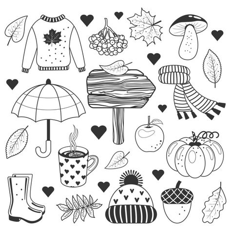 Autumn monochrome collection. Clipart set with autumn leaves, pumpkin, acorn, sweater, hat, scarf, cup of hot tea, mushrooms and other symbols of fall. Isolated objects. Vector illustration. Outline. Illustration Outline, Sweater Hat, Heart Tree, Hat Scarf, Cityscape Photos, Logo Banners, Hot Tea, Heart With Arrow, Background Banner