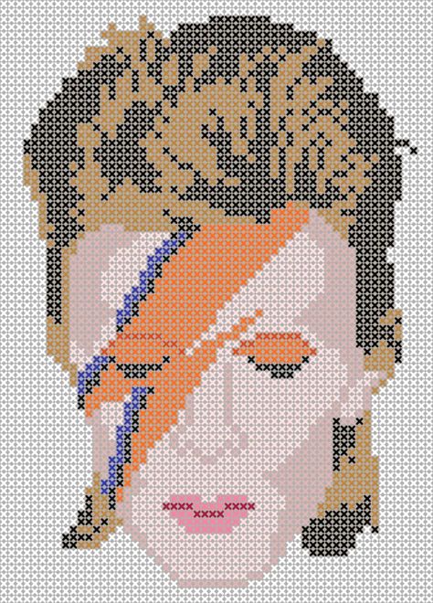 Free David Bowie Cross Stitch and Knitting Patterns Cross Stitch Patterns Free Printable Charts, November Things, Printable Cross, Diy Knit, Crochet Tunisian, Stitch Bracelet, Aladdin Sane, Clay Canes, Pixel Pattern