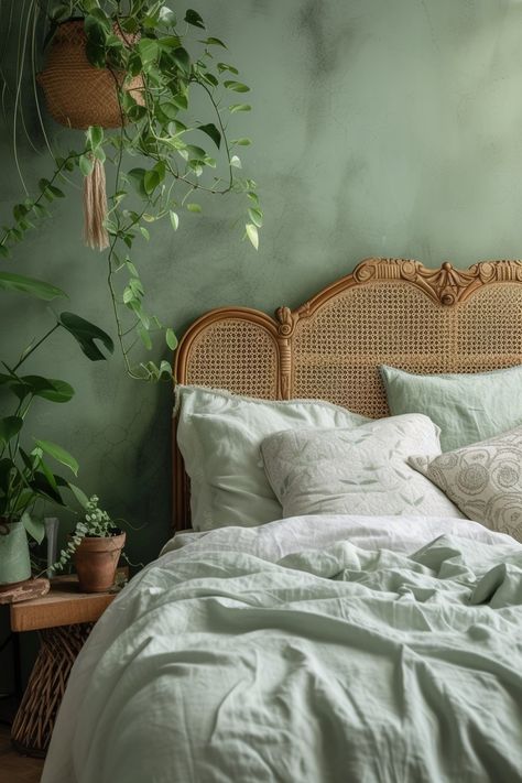 Green Rattan Bedroom, Sage Green Headboard, Neutral Green Bedroom, Green Bohemian Bedroom, Green And Purple Bedroom, Bedroom Sage Green, Pink Bedroom Accessories, Blue Green Bedrooms, Sage Bedroom