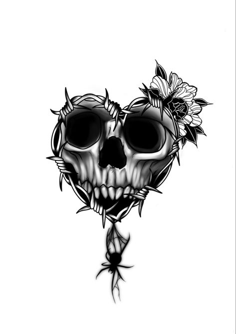 Skull Spider Heart Tattoo Design Heart Shaped Skull Tattoo, Skull Rib Tattoo, Dark Spider Tattoo, Love Skull Tattoo, Dark Heart Tattoo, Spider Heart Tattoo, Sabrina Tattoo, Skull Heart Tattoo, Heart Tattoos For Women