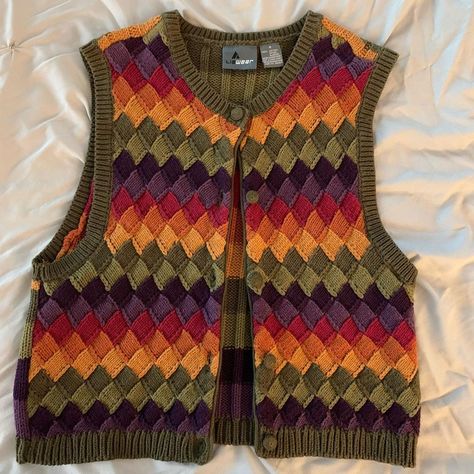 Plus Size Sweater Vest Outfit, Cute Crochet Sweater Vest, Whimsical Academia, Multi Colored Crochet Sweater Vest, Retro Fitted Knit Sweater Vest, Formal Sweater, 70s Sweater Vest, 70s Vest Crochet, Crochet A Vest