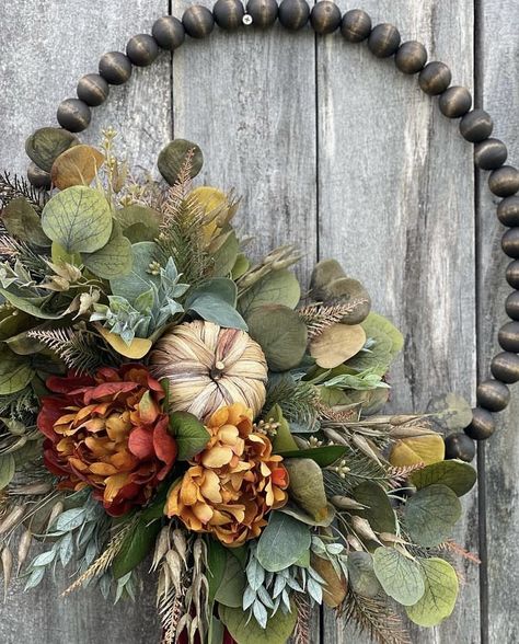 Fall Beaded Wreath, Home Made Wreaths, Beaded Hoop Wreath, Autumn Front Door Decor, Antler Wreath, Wreath Eucalyptus, Fall Decor Wreaths, Fall Thanksgiving Wreaths, Fall Bead