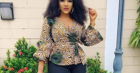 Ankara Fashion Styles Pictures: Lovely Trousers and Top Dressed for Ladies 2019 Wrap Top Diy, Wrap Blouse Pattern, Ankara Tops Blouses, Ankara Fashion Styles, Wrap Top Pattern, Latest Ankara Gown Styles, Latest Ankara Gown, Edgy Tops, Ankara Tops